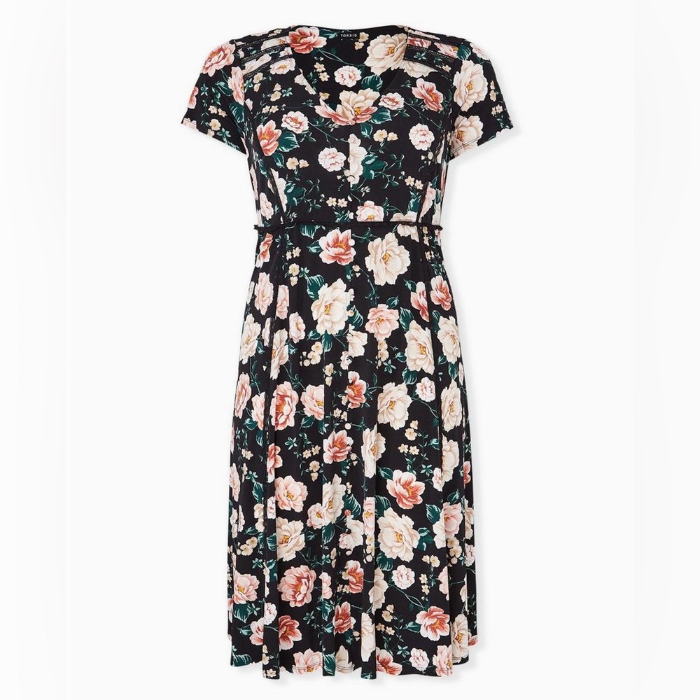 Torrid Midi Studio Knit Button-Front Skater Dress Floral Print Boho Black Sz 1X